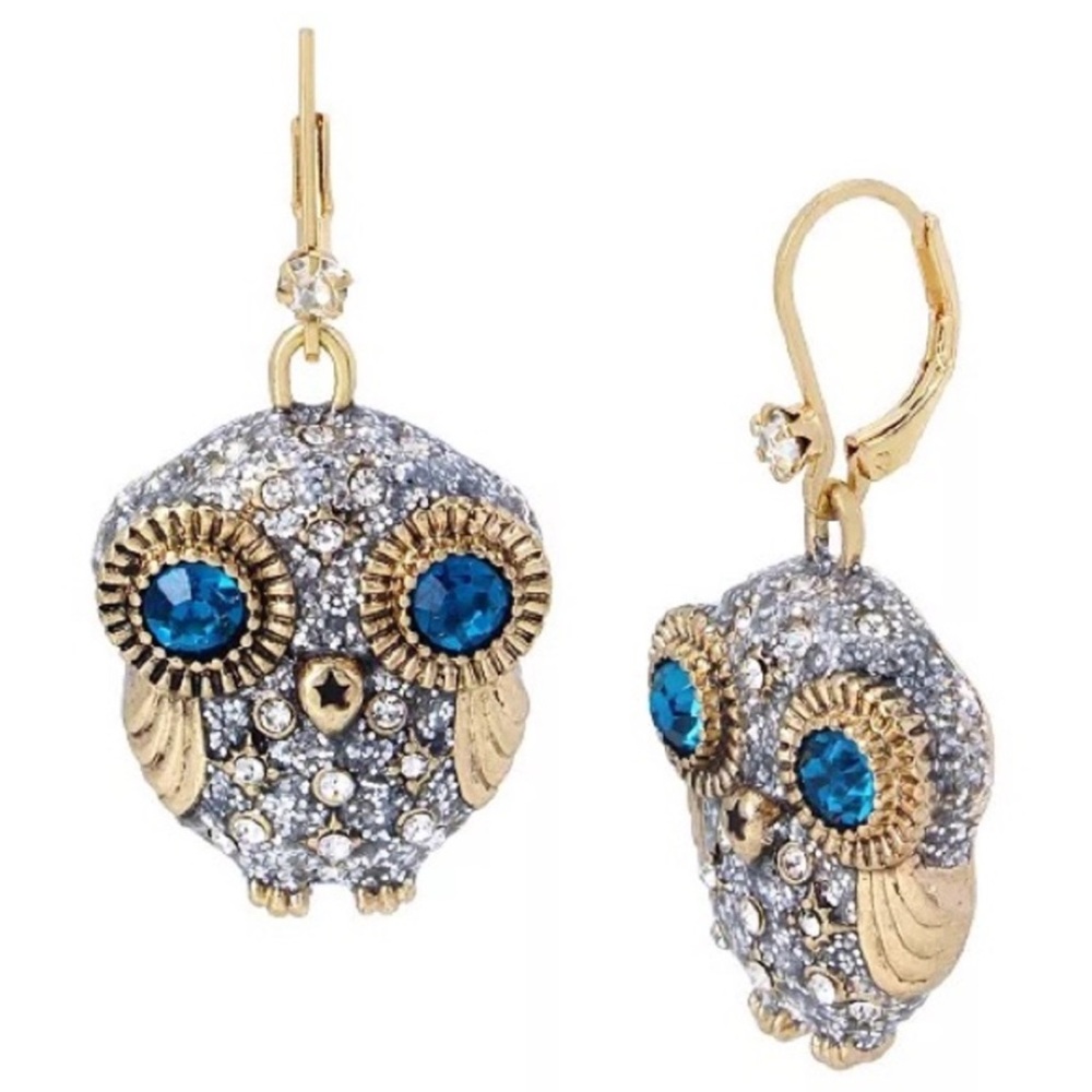 Betsey Johnson Owl Drop Earrings rhinestone silver gold nwt
